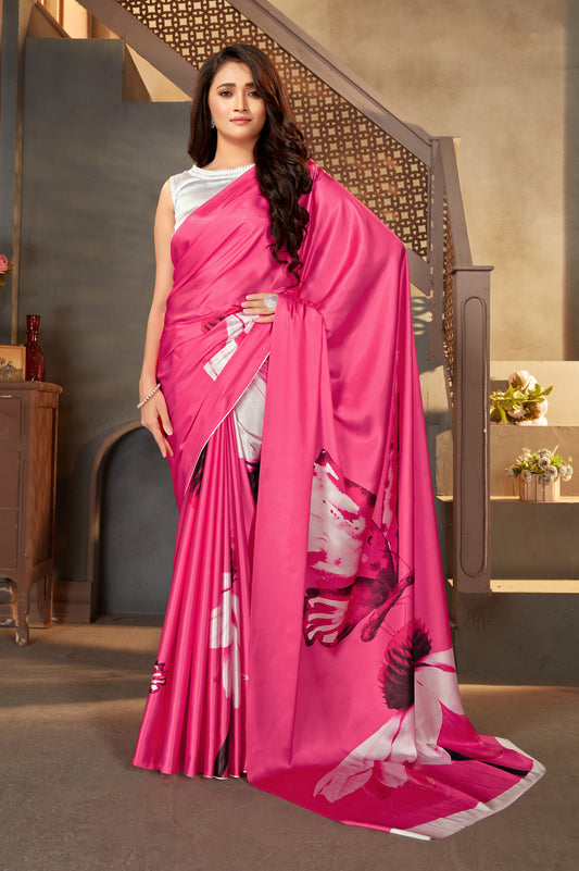 Pink Satin Crepe Digital Printed Trendy  Saree