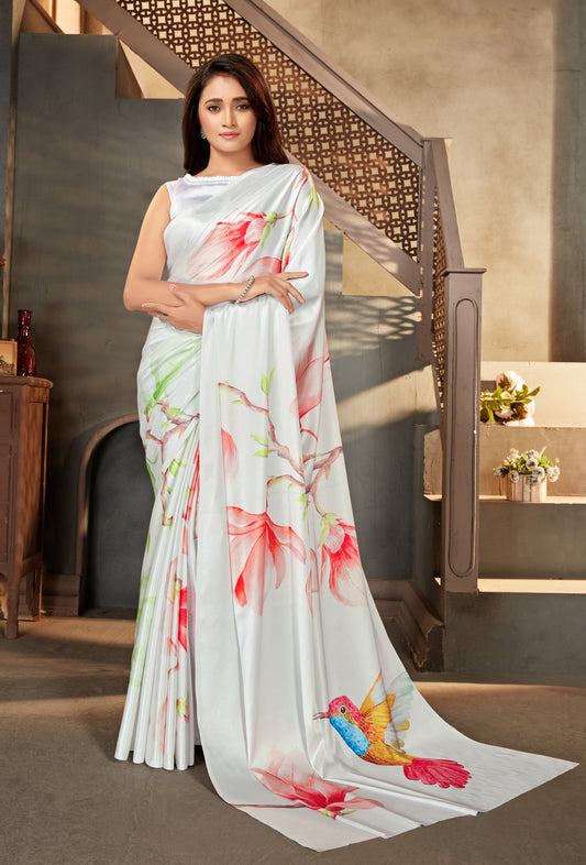 Off White Satin Crepe Printed Party Wear Saree
