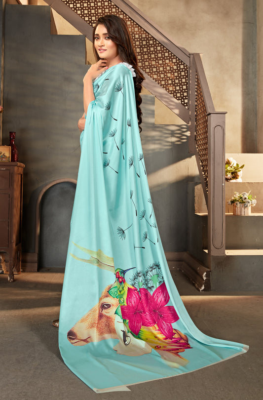Sky Blue Satin Crepe Printed Trendy  Saree