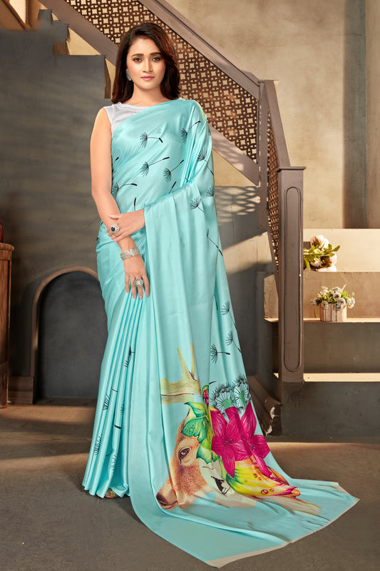Sky Blue Satin Crepe Printed Trendy  Saree
