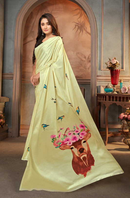 Light Yellow Satin Crepe Printed  Beautiful Saree