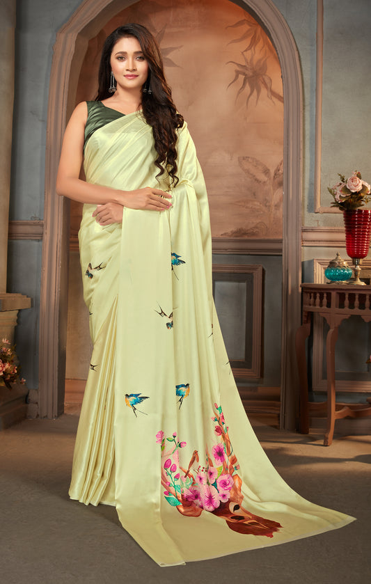Light Yellow Satin Crepe Printed  Beautiful Saree
