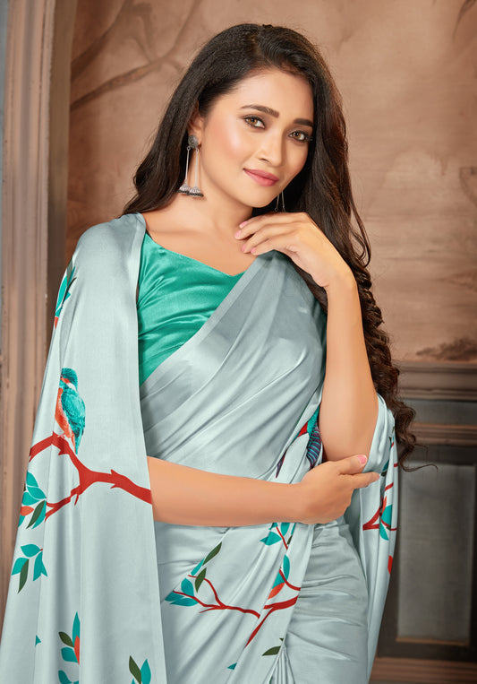 Light Grey Satin Crepe Printed Classic Saree