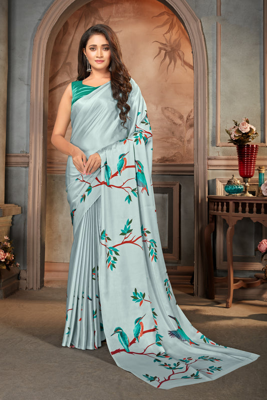 Light Grey Satin Crepe Printed Classic Saree