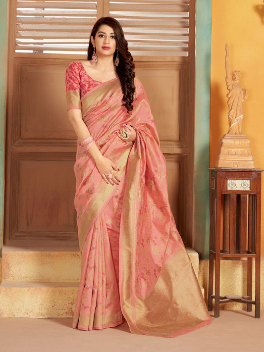 Peach Silk Blend Woven Reception  Wear Saree