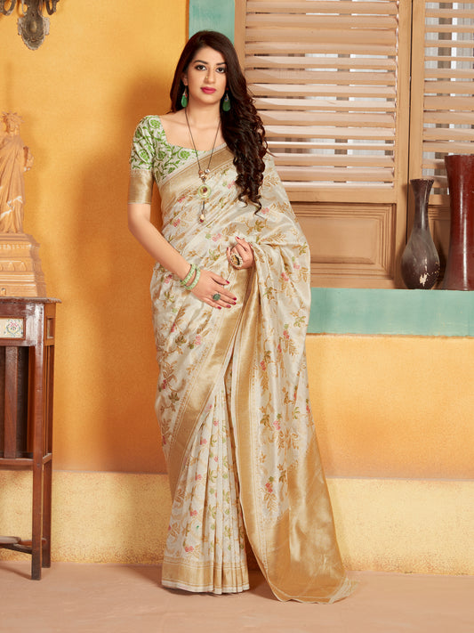 White Banarasi Silk Blend Woven Work Stunning Saree