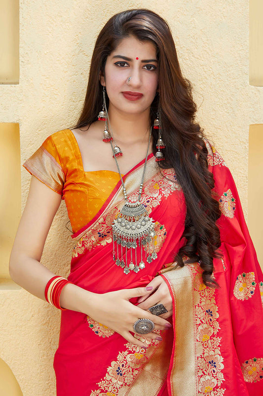 Scalet Red Banarasi Silk Zari Woven Work Designer Saree