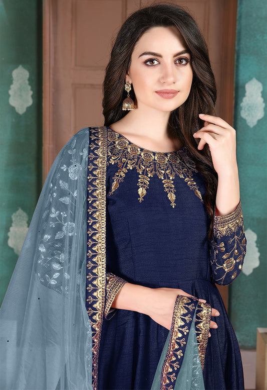 Navy blue Adda Silk Embroidered Festive Anarkali Suit