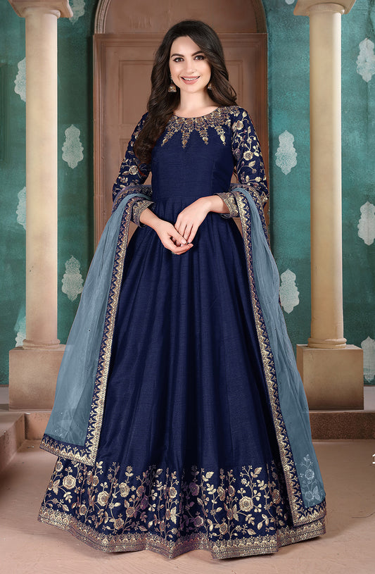 Navy blue Adda Silk Embroidered Festive Anarkali Suit