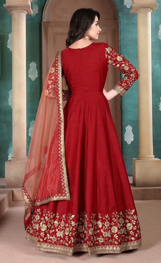Red Adda Silk Embroidered Festive Anarkali Suit
