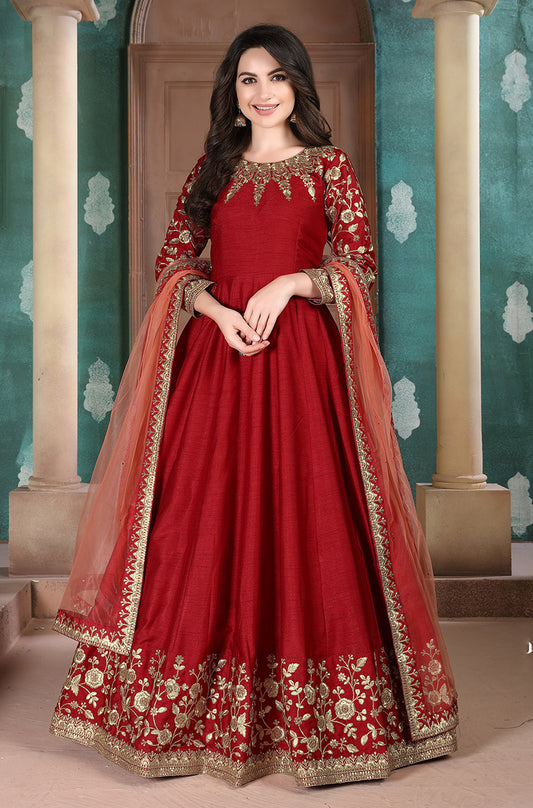 Red Adda Silk Embroidered Festive Anarkali Suit