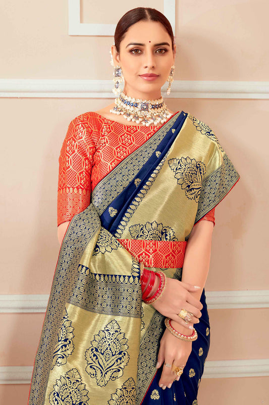 Navy Blue Banarasi Silk Woven Classy Saree