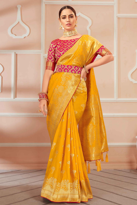 Yellow Banarasi Silk Woven Elegant Saree