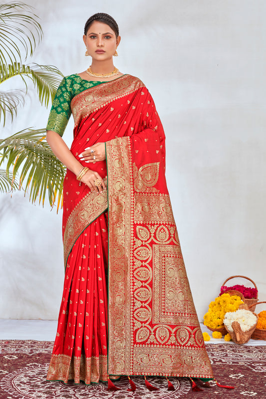 Red Banarasi Silk Zari Woven Traditional Saree