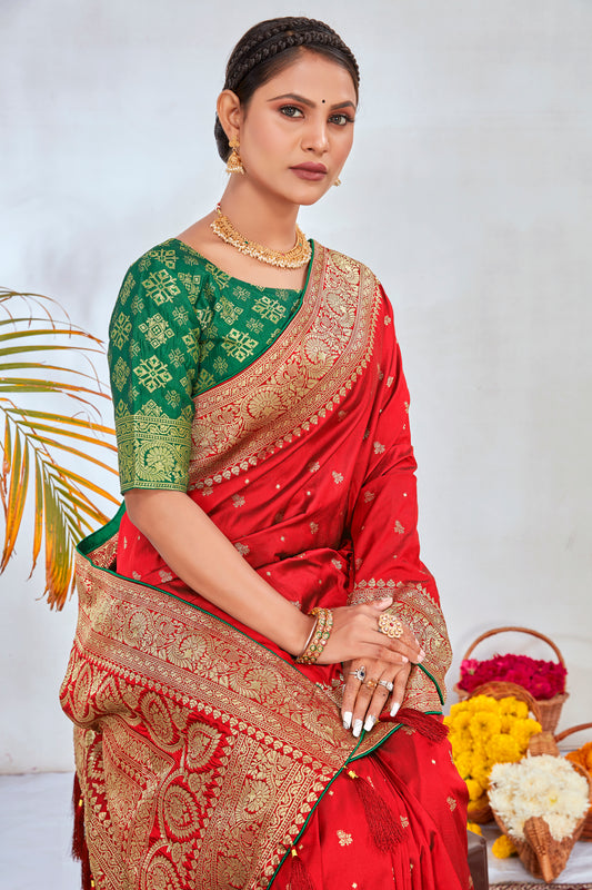 Red Banarasi Silk Zari Woven Traditional Saree