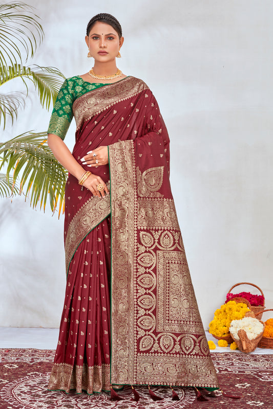 Maroon Banarasi Silk Woven Traditional Saree With Blouse Piece