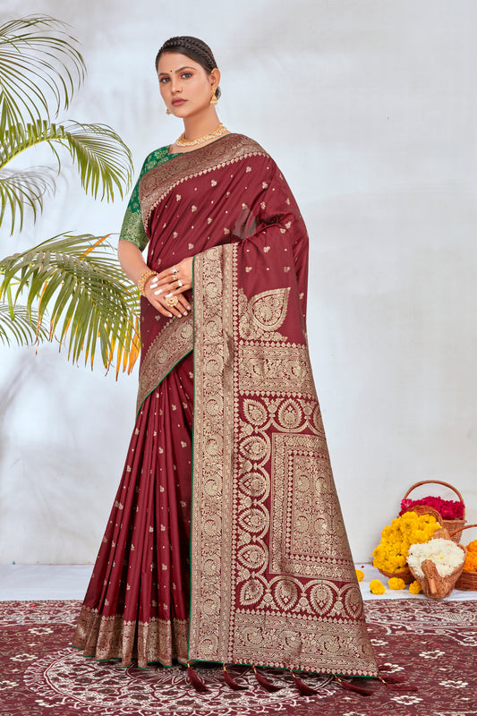 Maroon Banarasi Silk Woven Traditional Saree With Blouse Piece