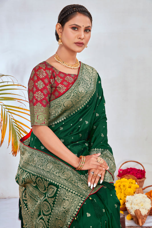 Dark Green Banarasi Silk Zari Weaving Trendy Saree