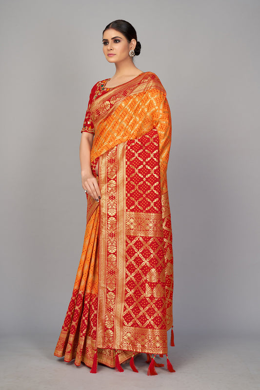 Orange and Red Silk Blend Woven Zari Saree