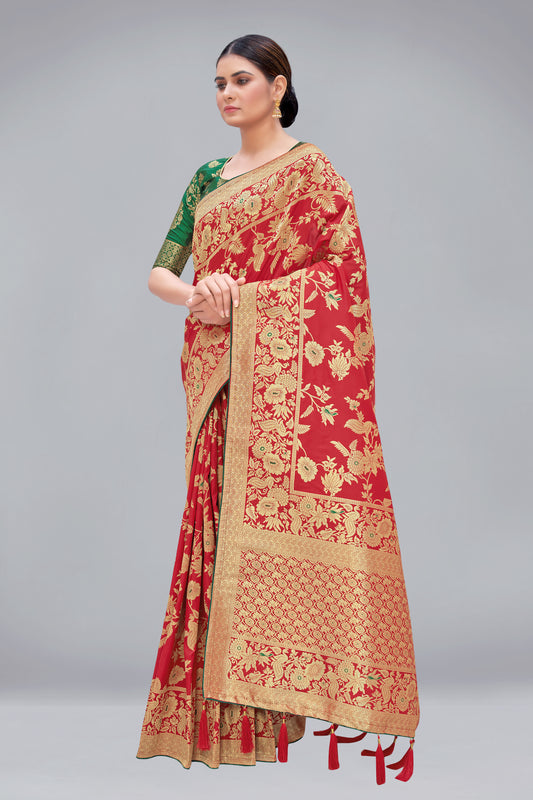 Red Banarasi Silk Blend Woven Zari Fancy Saree
