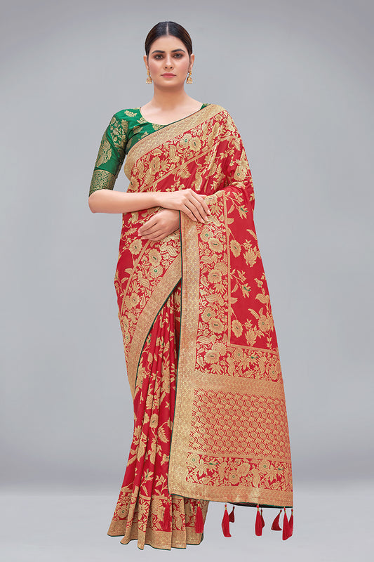 Red Banarasi Silk Blend Woven Zari Fancy Saree