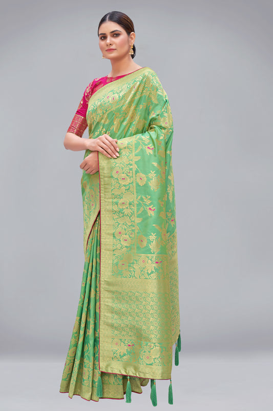 Light Green Banarasi Silk Blend Woven Zari Designer Saree