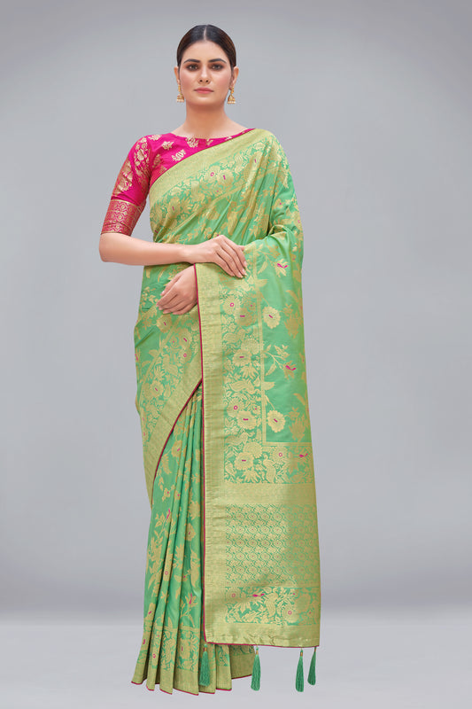 Light Green Banarasi Silk Blend Woven Zari Designer Saree