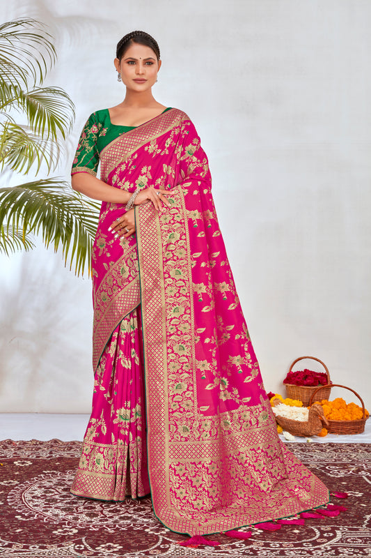 Rani Pink Banarasi Silk Blend Zari Woven Traditionally Saree