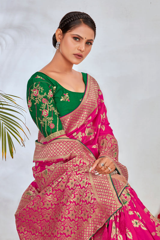 Rani Pink Banarasi Silk Blend Zari Woven Traditionally Saree