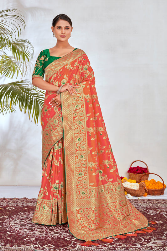 Peach Banarasi Silk Blend Woven Zari With Tussles Saree