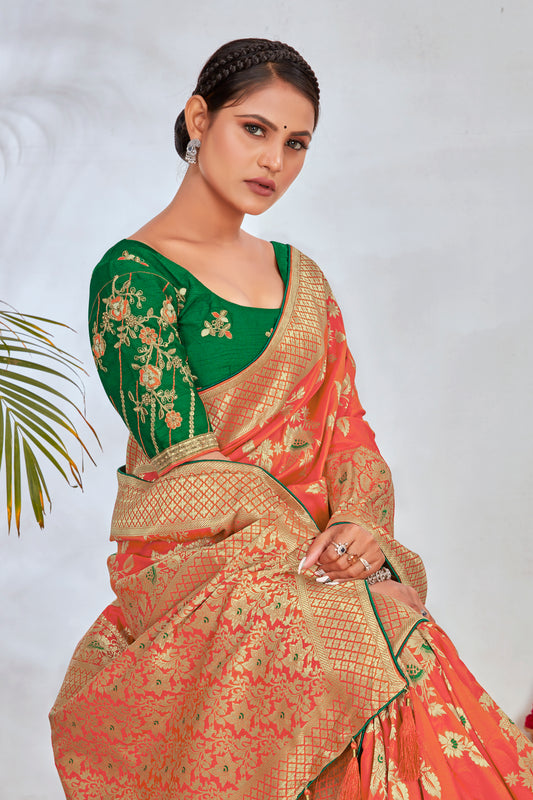 Peach Banarasi Silk Blend Woven Zari With Tussles Saree