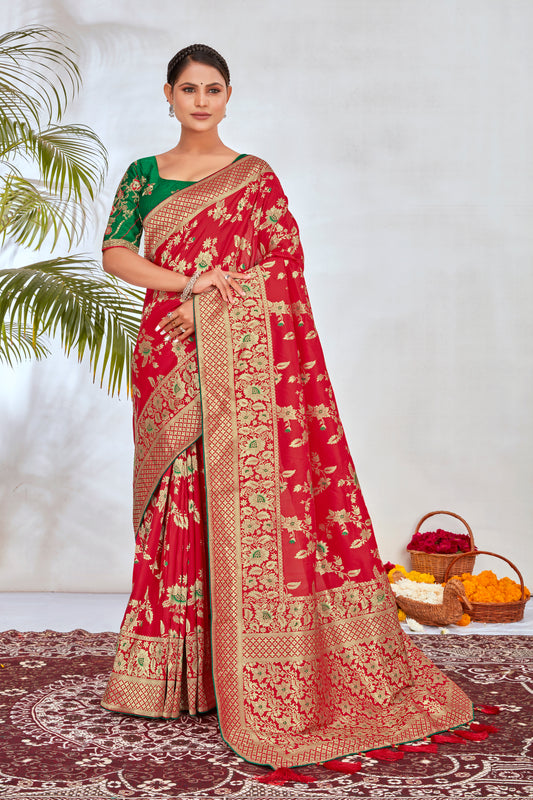 Red Banarasi Silk Blend Jacquard Woven Zari With Tussles Saree