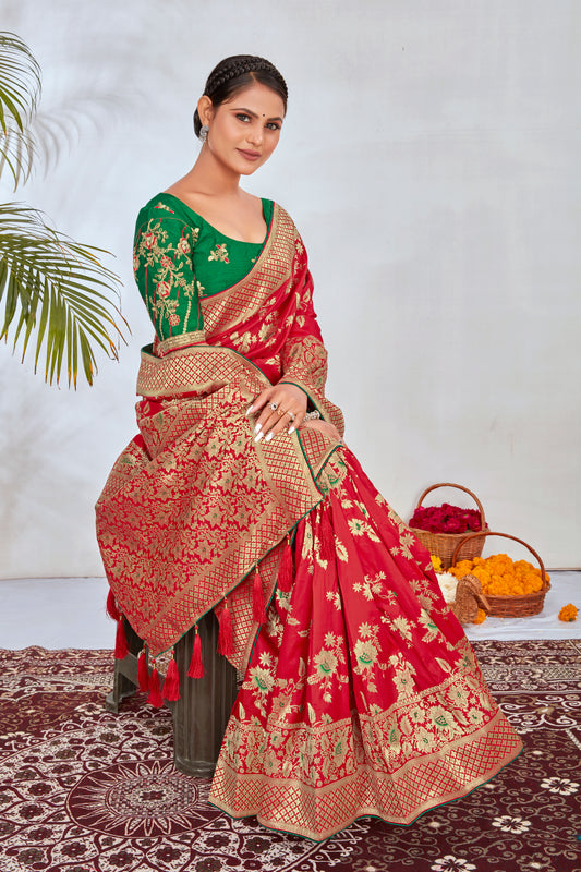 Red Banarasi Silk Blend Jacquard Woven Zari With Tussles Saree