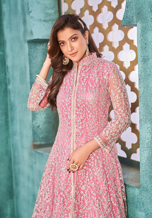 Pink Net Embroidered Designer Floor Length Suit
