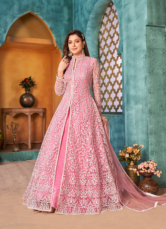Pink Net Embroidered Designer Floor Length Suit
