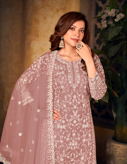 Mauve Net Embroidered Designer Palazzo Suit