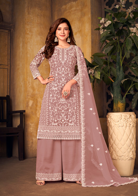 Mauve Net Embroidered Designer Palazzo Suit