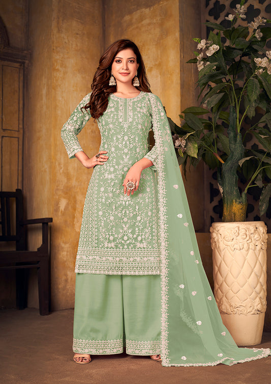 Sea Green Net Embroidered Designer Palazzo Suit