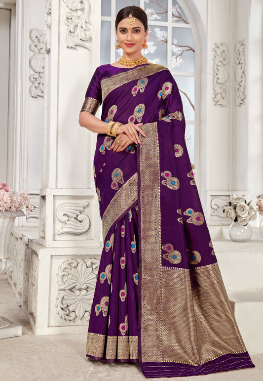 Purple Elegant Woven Silk Saree with Zari Work & Floral Motifs Comes with unstitched blouse