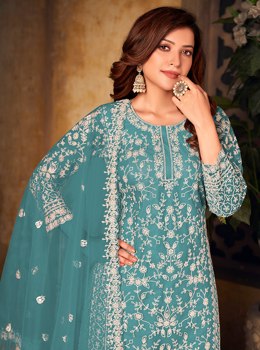 Sky blue Net Embroidered Palazzo Salwar Kameez