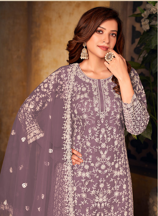 Lavender Net Embroidered Palazzo Salwar Kameez