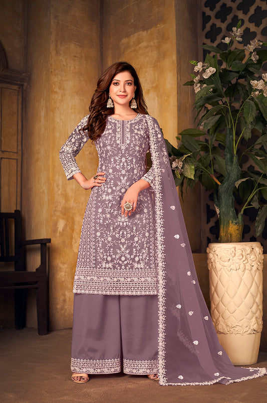 Lavender Net Embroidered Palazzo Salwar Kameez