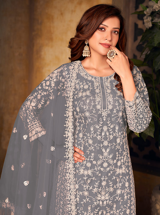 Grey Net Embroidered Palazzo Salwar Kameez