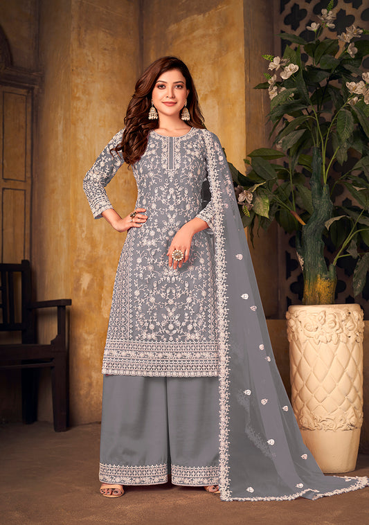 Grey Net Embroidered Palazzo Salwar Kameez