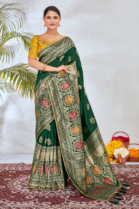 Dark Green Banarasi Silk Blend Woven Classy Saree