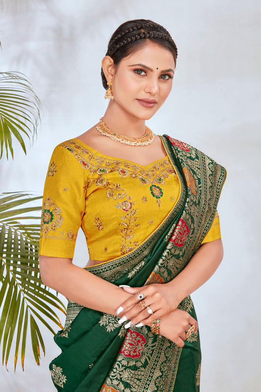 Dark Green Banarasi Silk Blend Woven Classy Saree