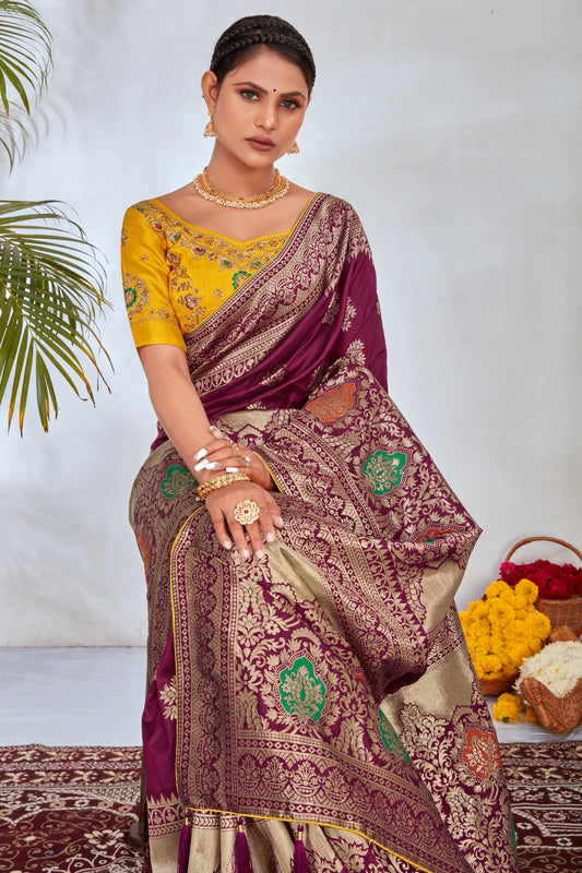 Magenta Banarasi Silk Blend Woven Designer Saree