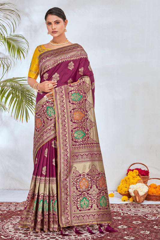 Magenta Banarasi Silk Blend Woven Designer Saree