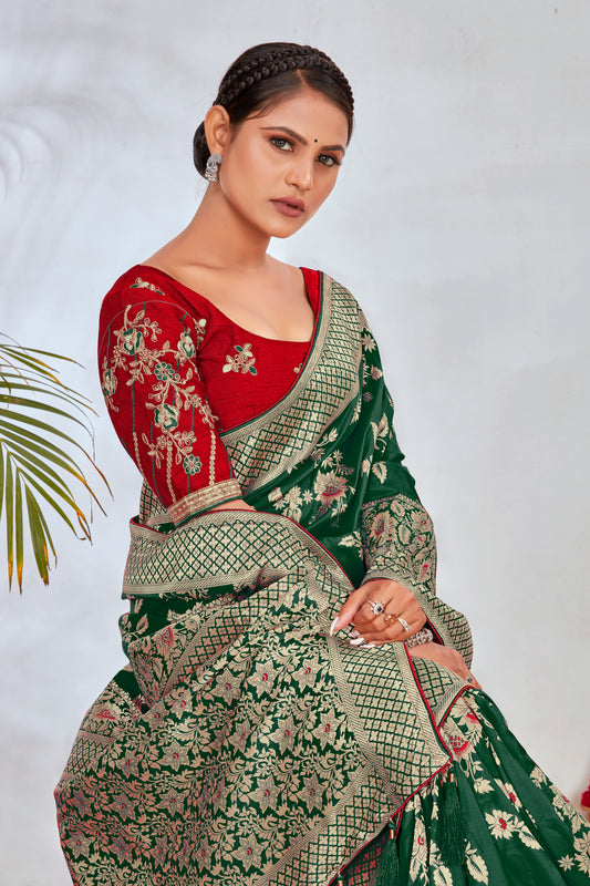 Dark Green Banarasi Silk Woven Ethnic Saree