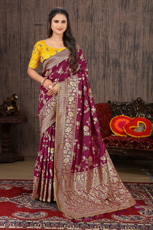 Dark Magenta Banarasi Silk Blend Woven Charming Saree